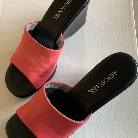 Aerosoles Wedge Sandals Summer Slides Clogs Salmon Pink Leather Heel 3 1/4” 8.5 - Picture 3 of 14